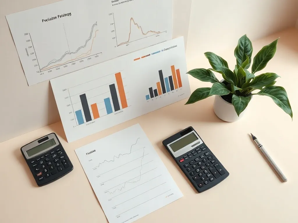 Professional minimalist workspace with financial charts, cal