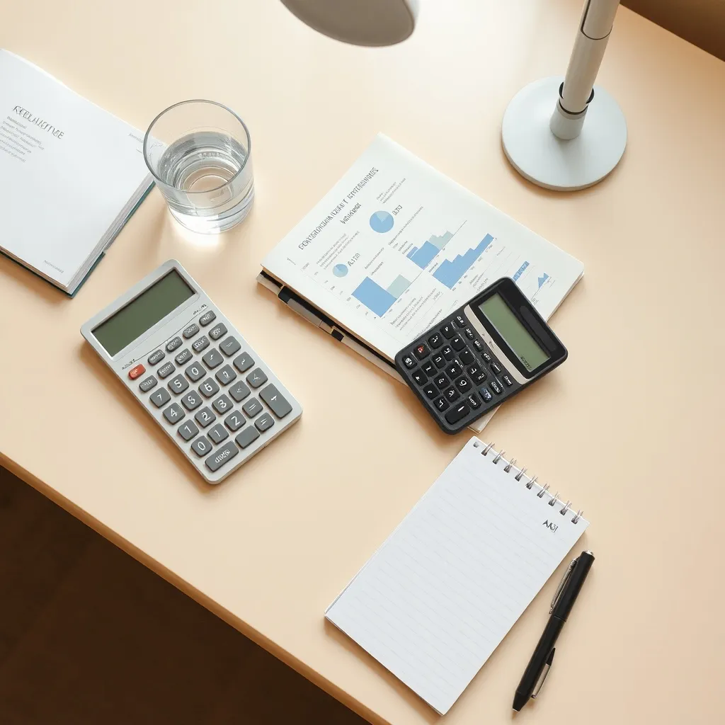 A minimalist professional workspace with a calculator, a not