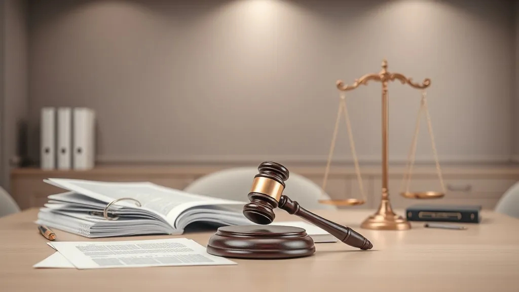 A professional office desk with legal documents, a gavel, an