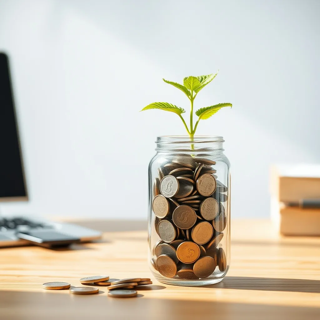 A glass jar with coins and a small plant growing inside, on